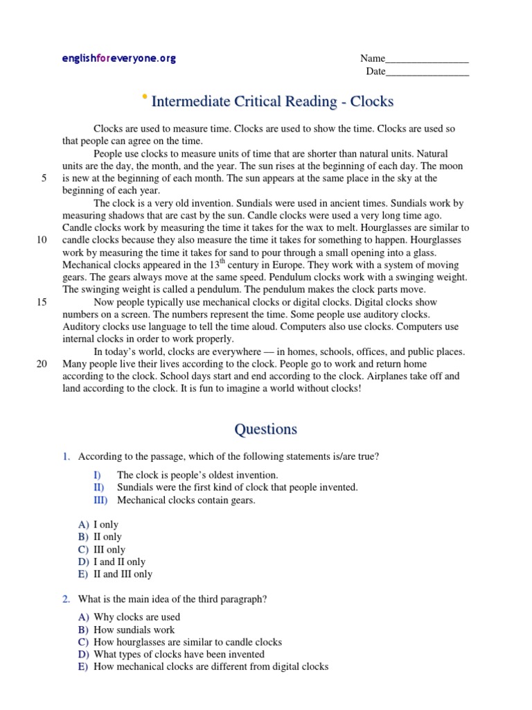 Intermediate Critical Reading - Clocks | PDF | Clock | Time