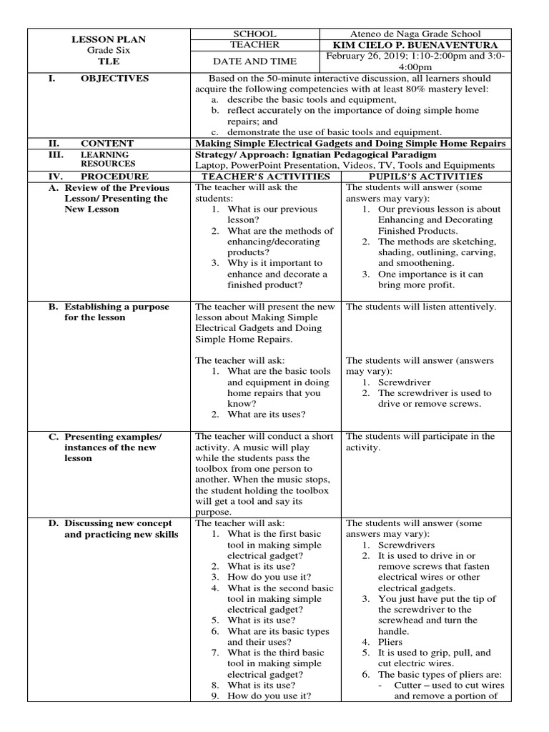 Sample Lesson Plan EPP 6 - Ignatian Pedagogical Paradigm | PDF | Lesson Plan  | Drill