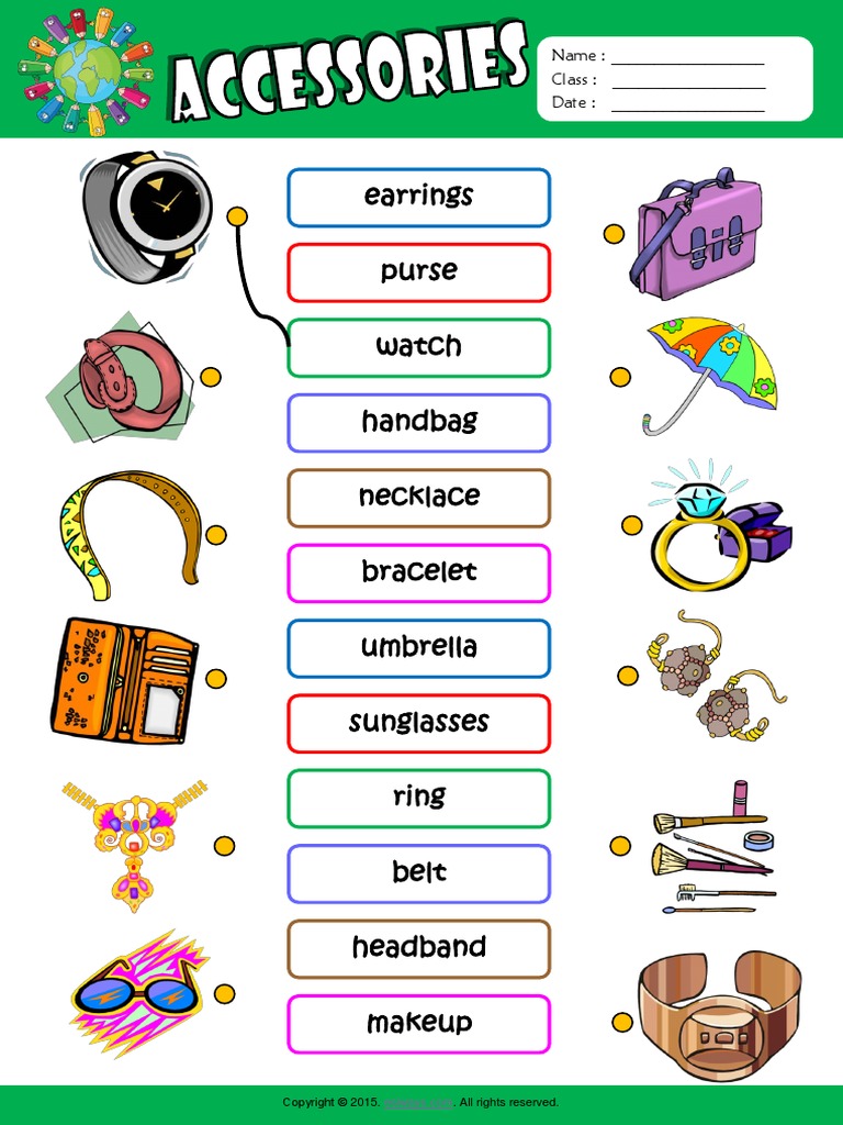 accessories esl vocabulary matching exercise worksheet for kids pdf