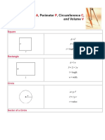 Formulas For Area, Perimeter, Circumference, and Volume: A P C V