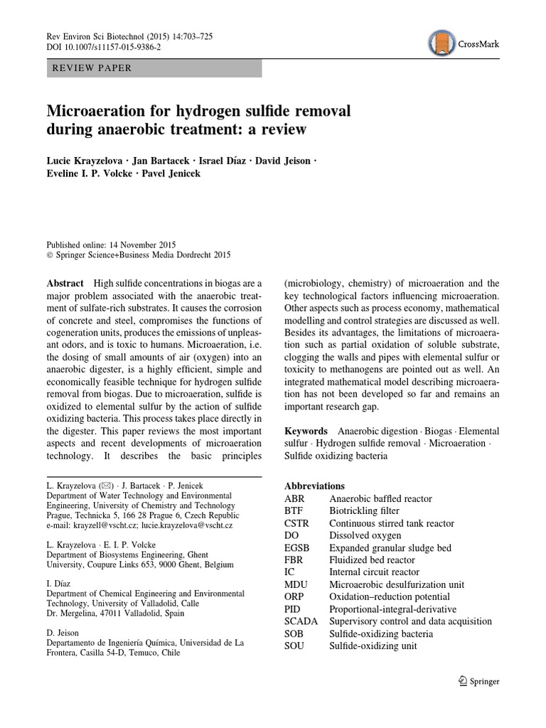 Microaeration For Hydrogen Sulfide Removal During Anaerobic Treatment ...