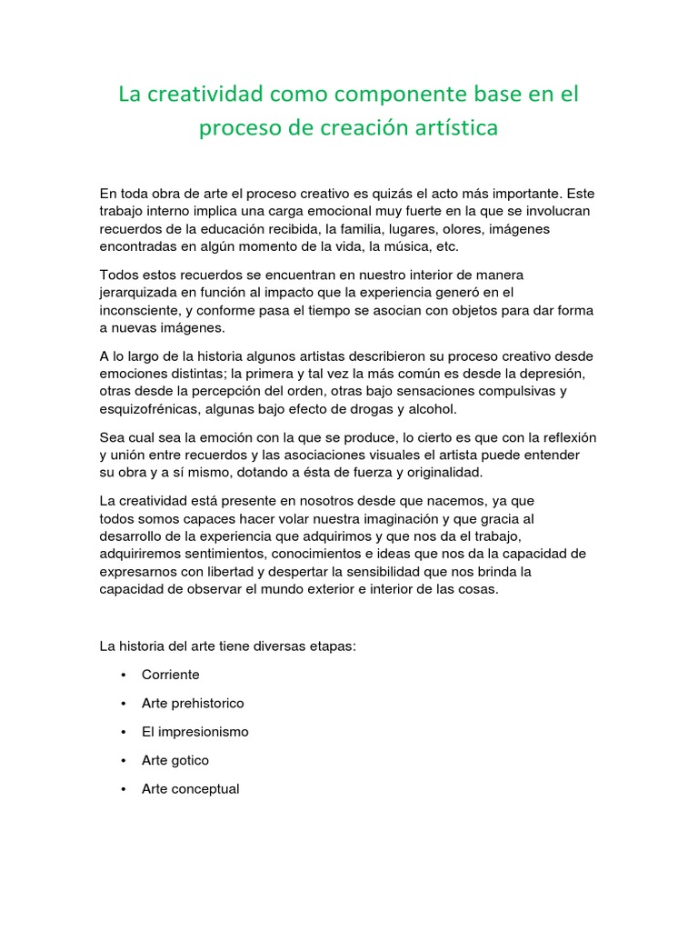 La Creatividad Como Componente Base en El Proceso de Creación Artística ...