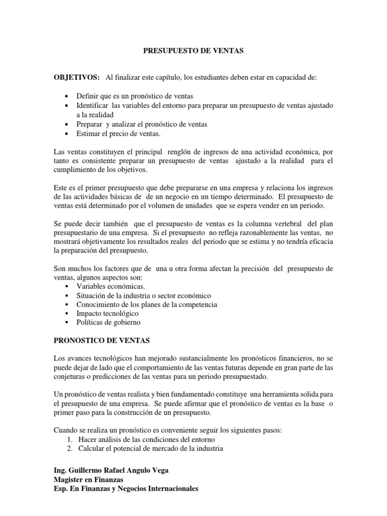 Presupuesto de Ventas y Pronósticos | PDF | Presupuesto | Economias