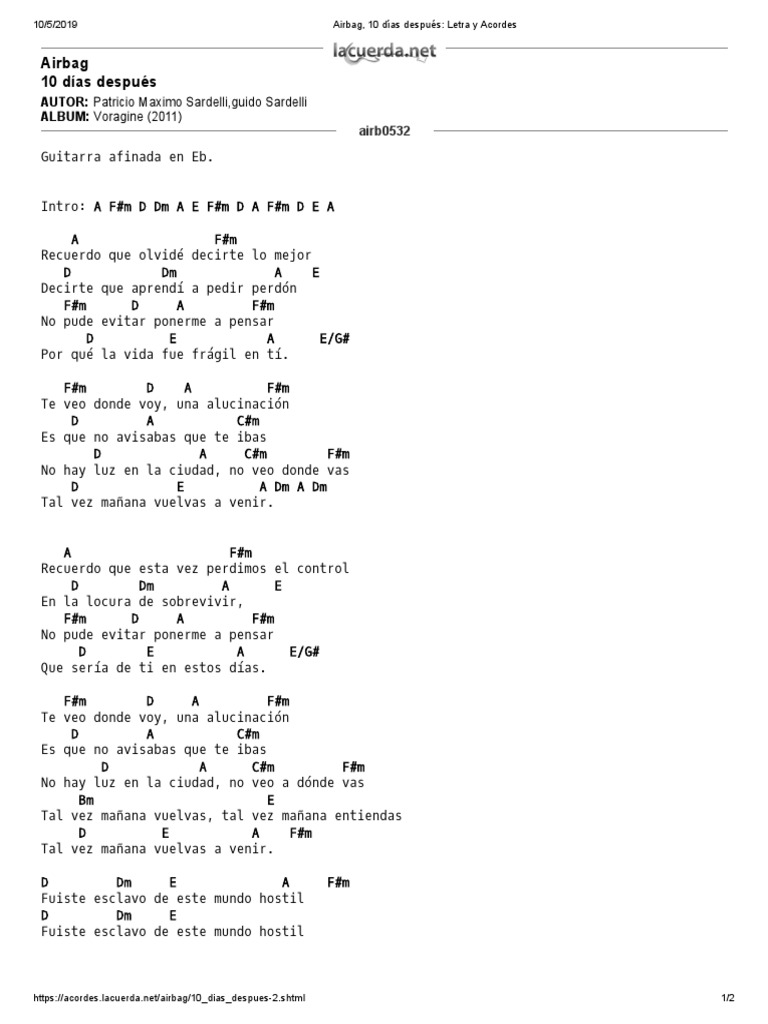 Airbag, 10 Días Después_ Letra y Acordes Música grabada Álbumes