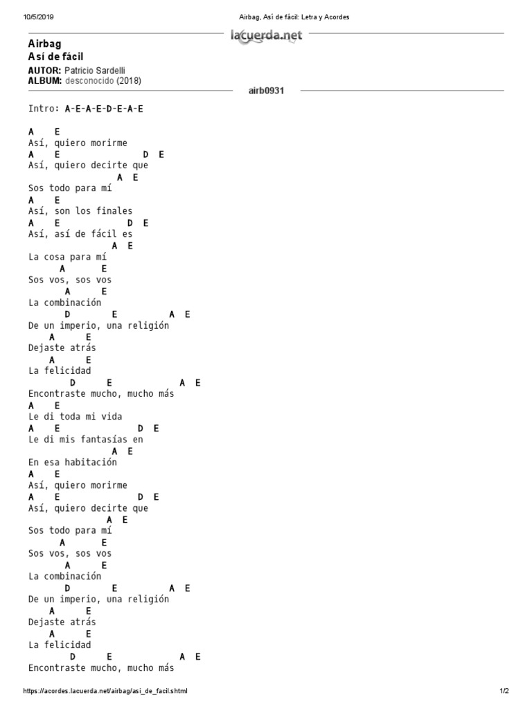 Airbag, Así de Fácil Letra y Acordes PDF