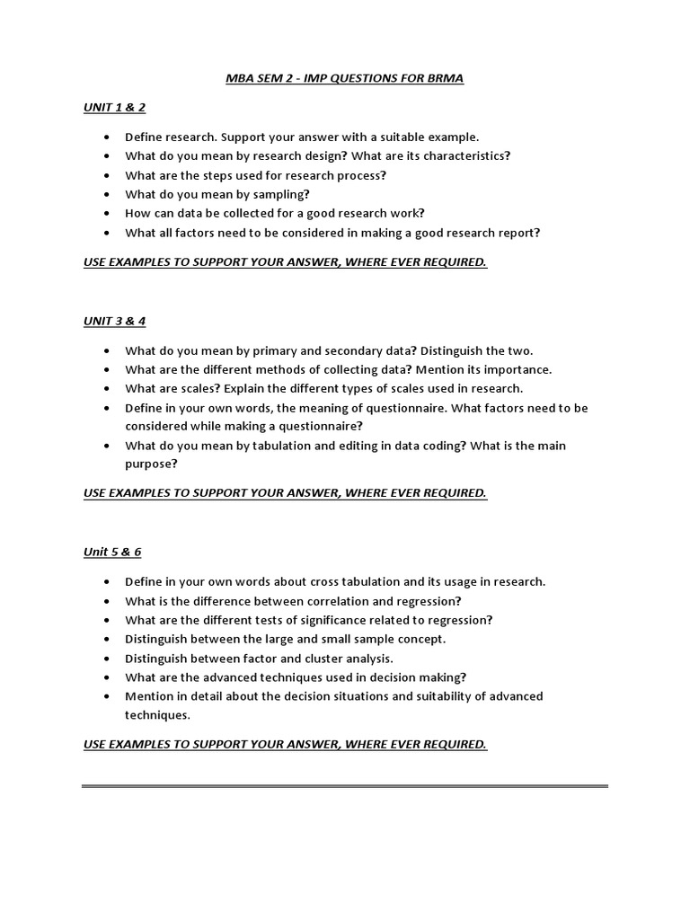 MBA SEM 2 BRMA Key Questions Guide | PDF