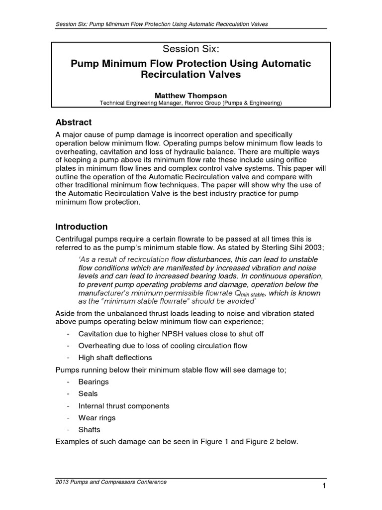 Pump Minimum Flow Protection Using Automatic Recirculation Valves PDF