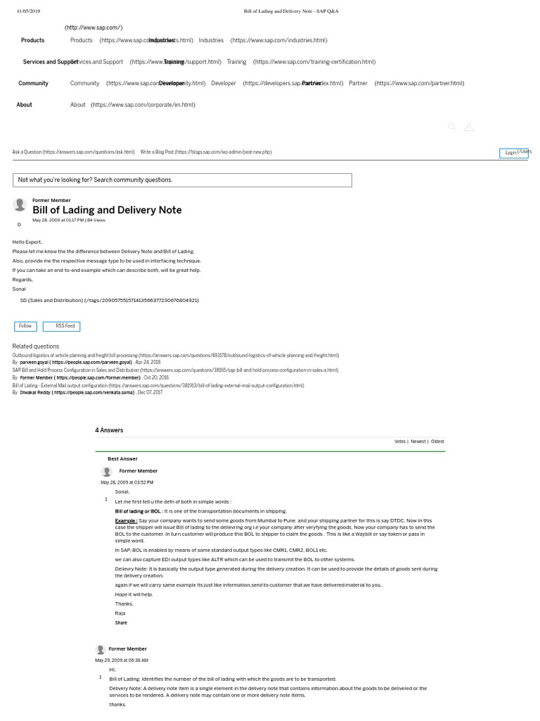 Bill Of Lading And Delivery Note Sap Q A Cargo Bill Of Lading