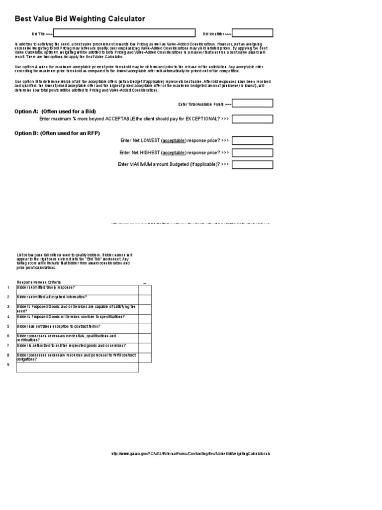 Best Value Bid Weighting Calculator | PDF | Pricing | Value Added