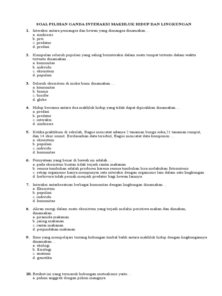 Soal Pilihan Ganda Biologi Kelas X Materi Ekosistem