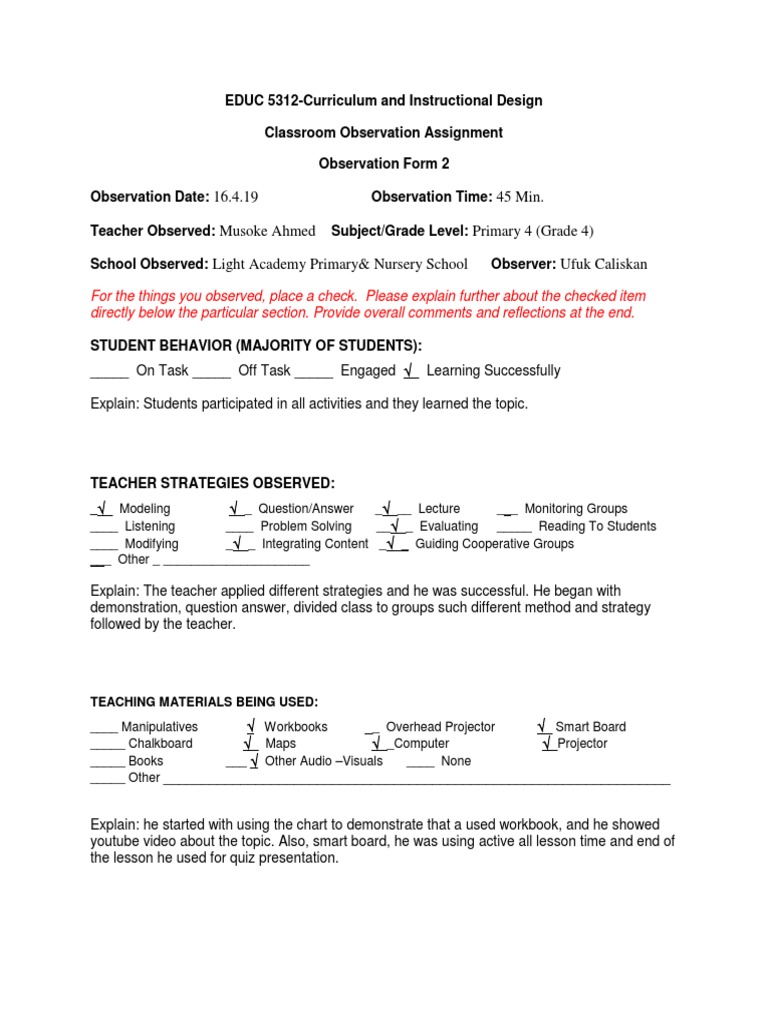Form 2-Classroom Observation Assignment | PDF | Teachers | Learning