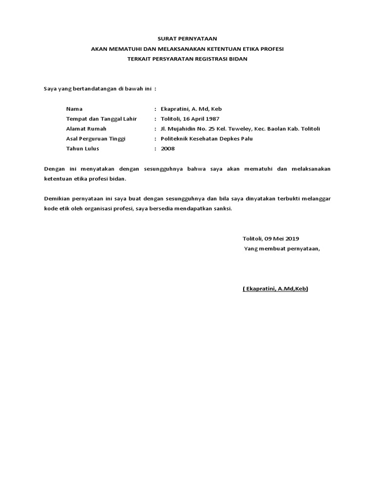 Surat Pernyataan Patuh Profesi Bidan | PDF
