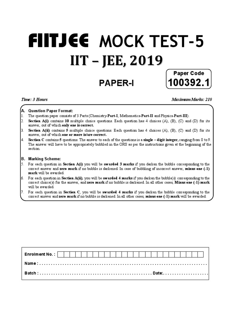 FIITJEE Mock Test 5 Paper 1 Details | PDF | Orbit | Rotation Around A ...