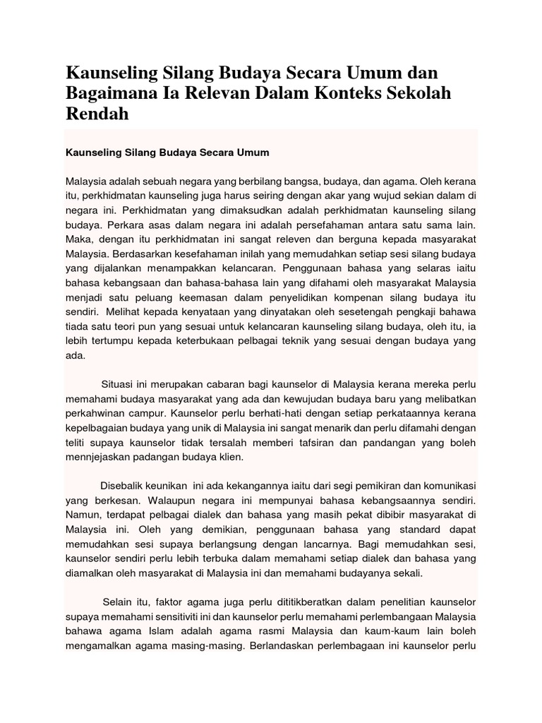 Kaunseling Silang Budaya Secara Umum Dan Bagaimana Ia Relevan Dalam Konteks Sekolah Rendah Pdf