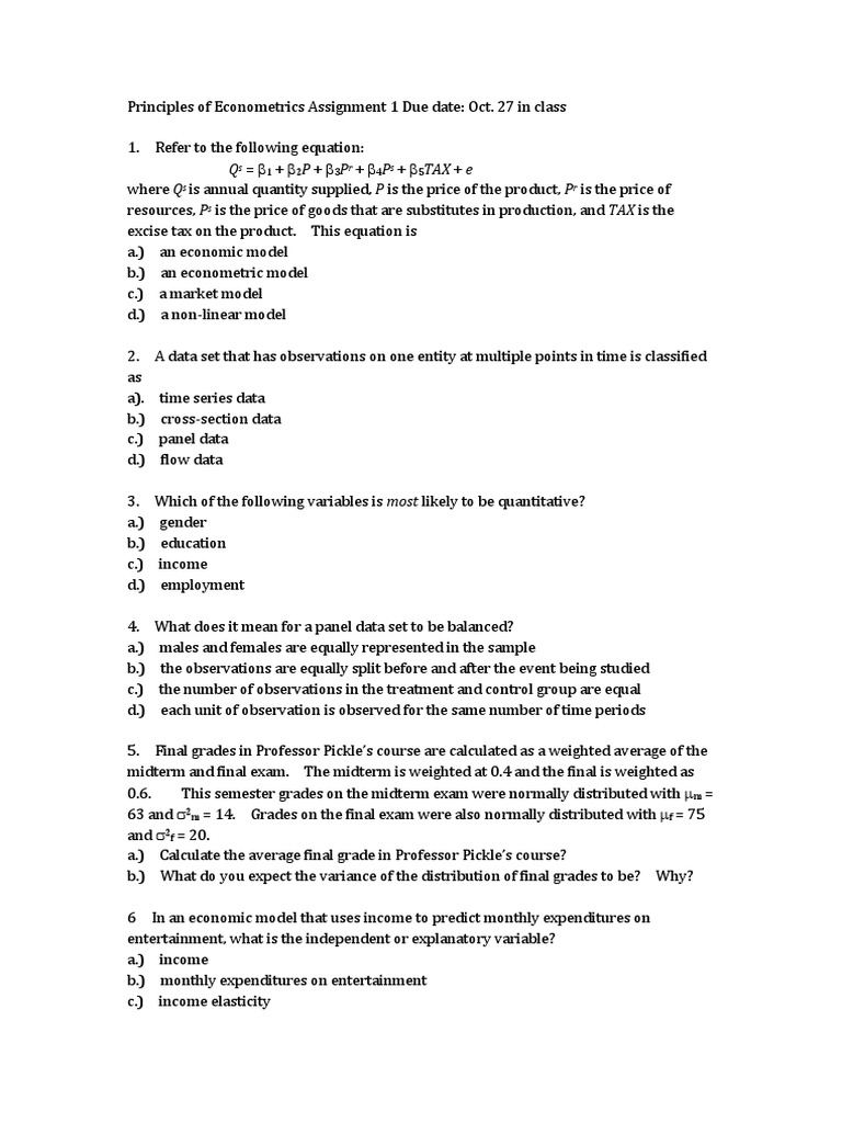 Econometrics Assignment 1 Pdf Ordinary Least Squares Errors And Residuals