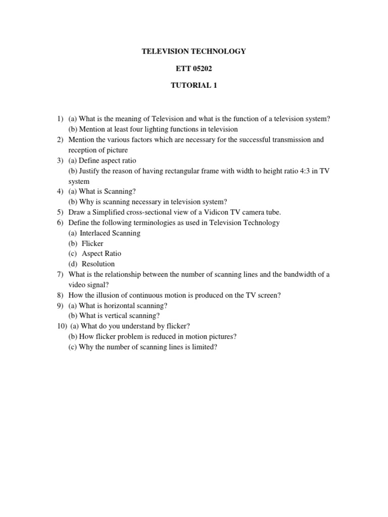 Television Technology ETT 05202 Tutorial 1 PDF