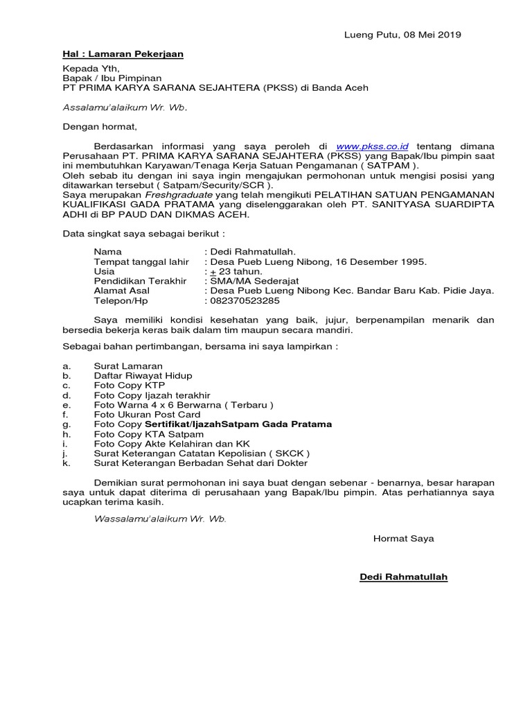 Surat Lamaran Kerja Pt Pkss Pdf