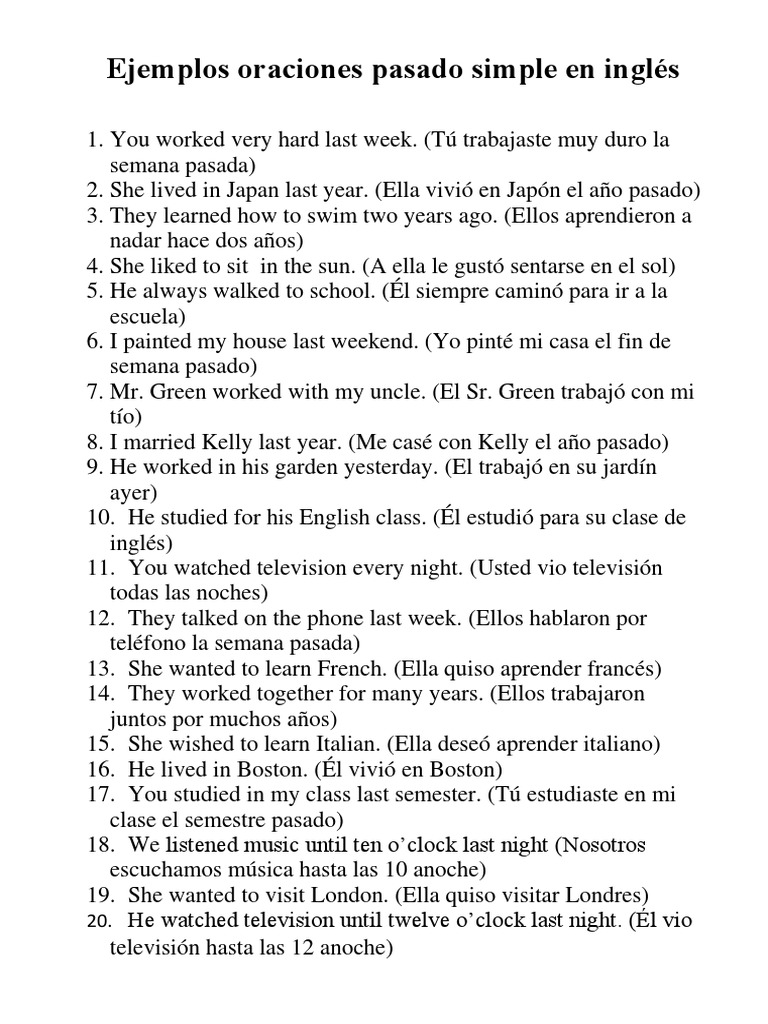 20 Ejemplos de Oraciones en Pasado Simple | PDF | Artes del Lenguaje y ...