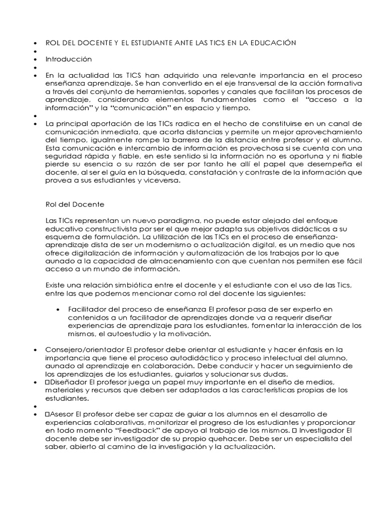Rol del Docente y Estudiante en TICS | PDF | Maestros | Tecnología de ...
