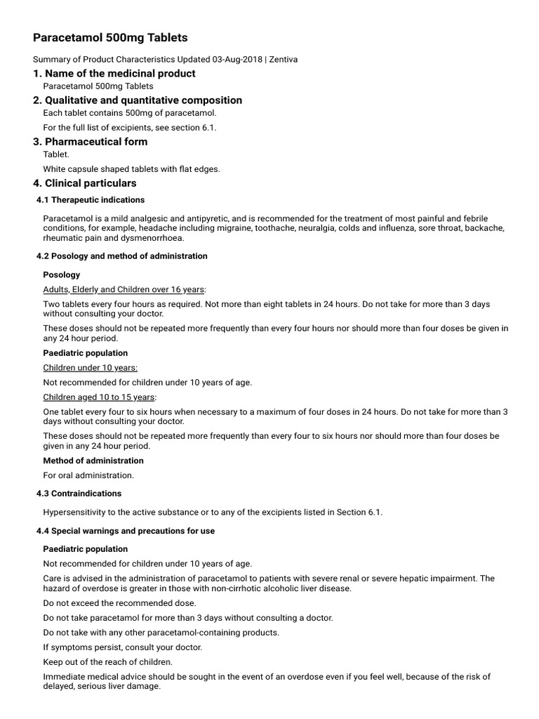 Paracetamol 500mg Tablets Summary of Product Characteristics (SMPC