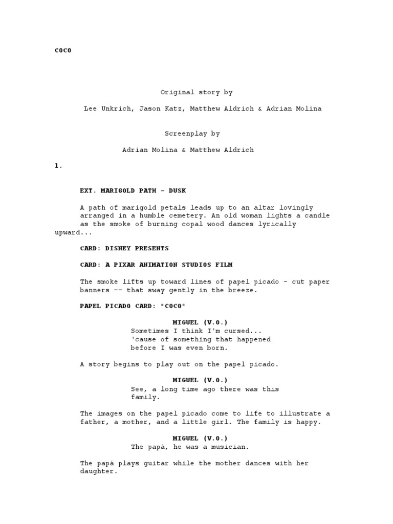 Coco Screenplay Excerpt | PDF | Entertainment (General)