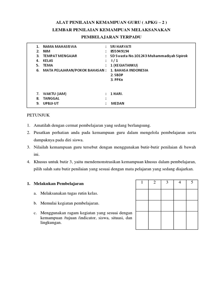 Lembar Refleksi Pelaksanaan Praktek Pembelajaran Terpadu
