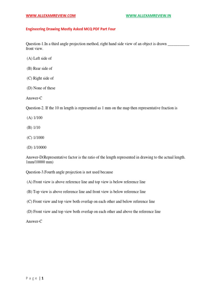 Engineering Drawing Multiple Choice Questions Covering Topics Such as