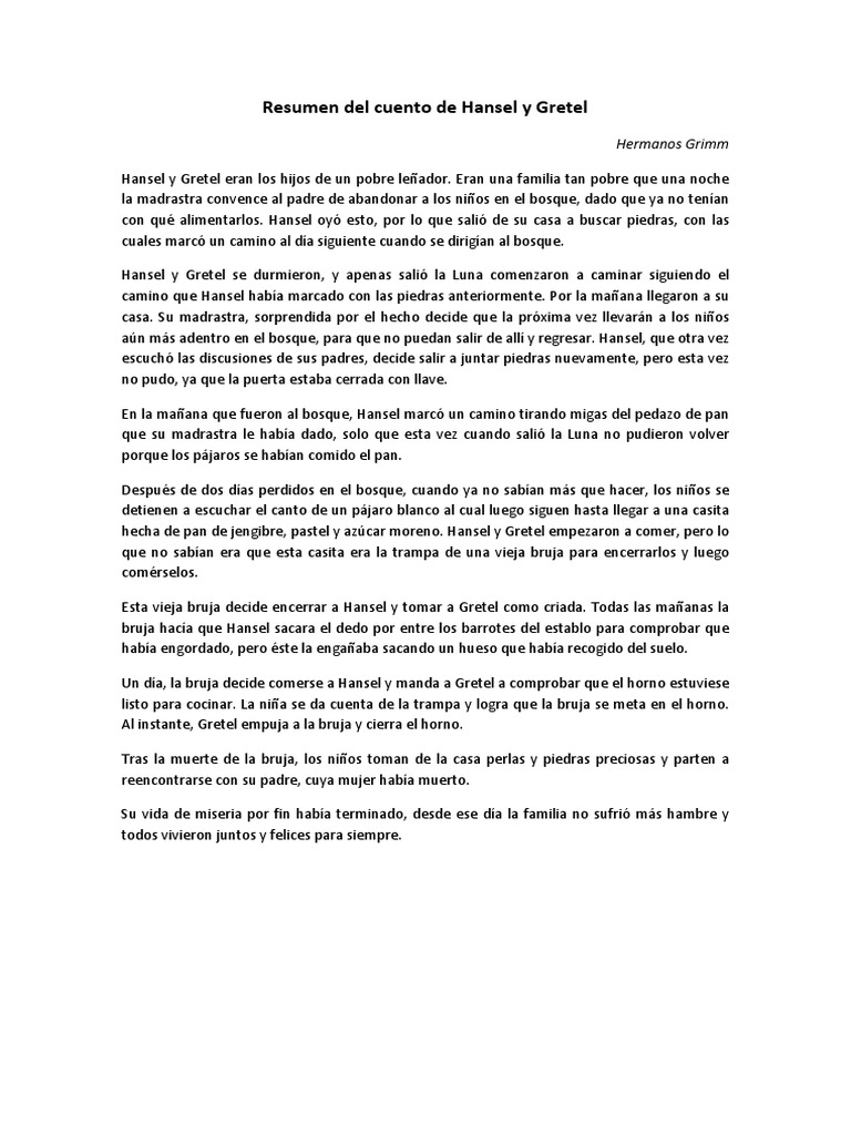 Resumen del cuento de Hansel y Gretel Hermanos Grimm