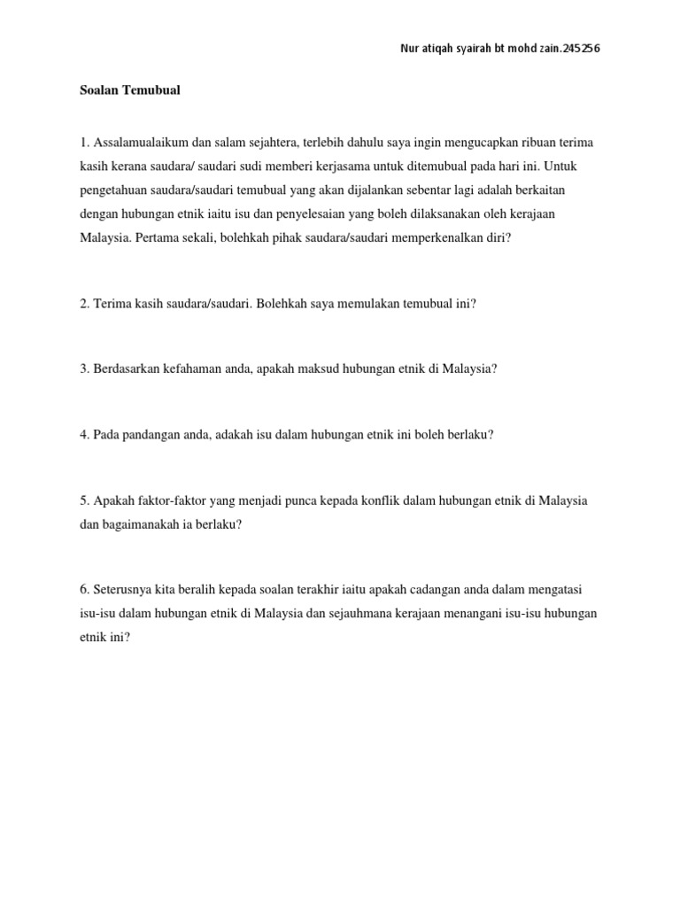 Soalan Temubual Nur atiqah syairah bt mohd zain.245256
