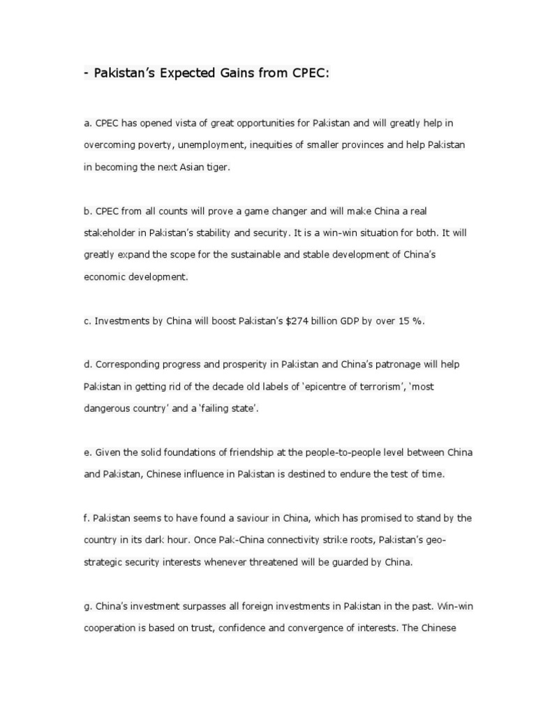 Pakistan's Expected Gains From CPEC | PDF | Pakistan | China