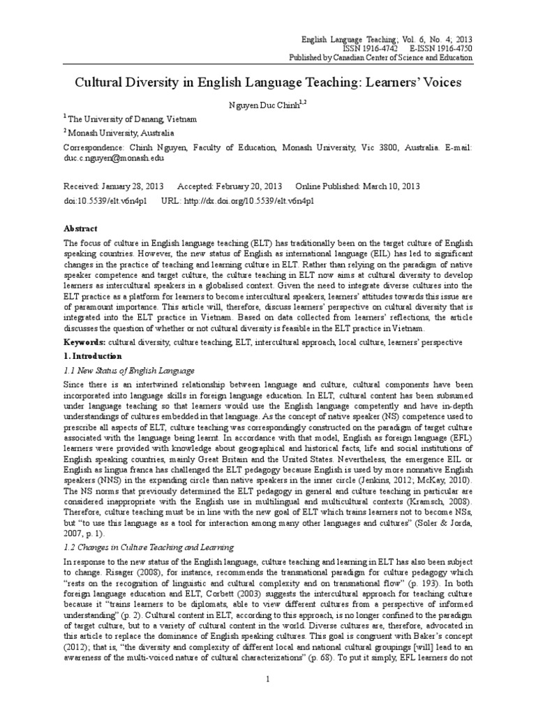 Cultural Diversity in English Language Teaching: Learners' Voices | PDF ...