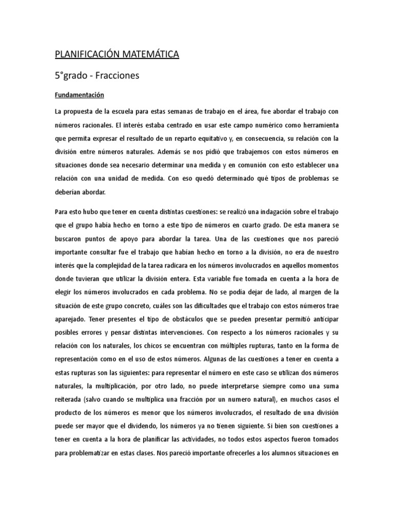 Planificación de Fracciones para 5° Grado | PDF | Fracción (Matemáticas ...