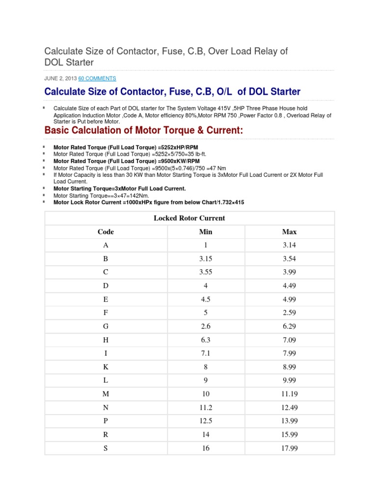Sizing Components for a Direct Online Starter for a 5HP Three Phase Induction Motor Operating at