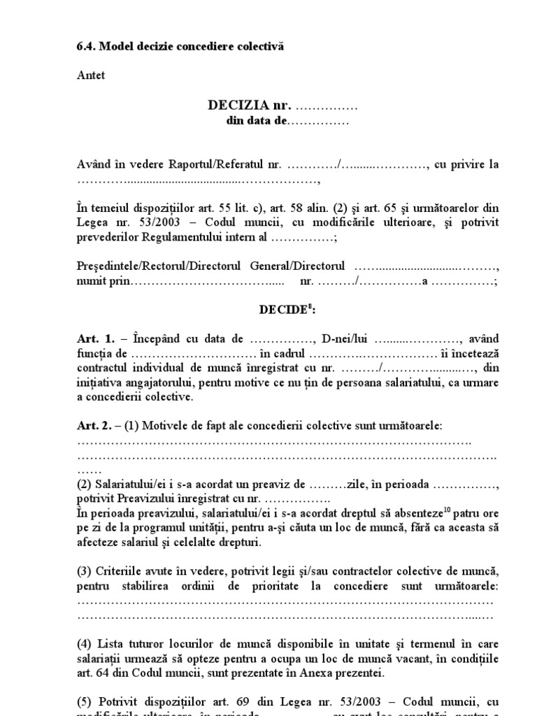 Model Decizie Concediere Colectiva