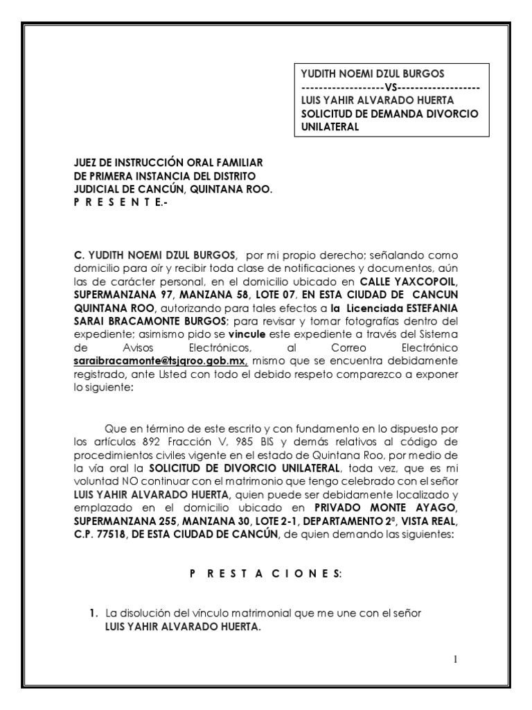 Modelo Divorcio Unilateral 2019 | Manutención de los hijos | Divorcio