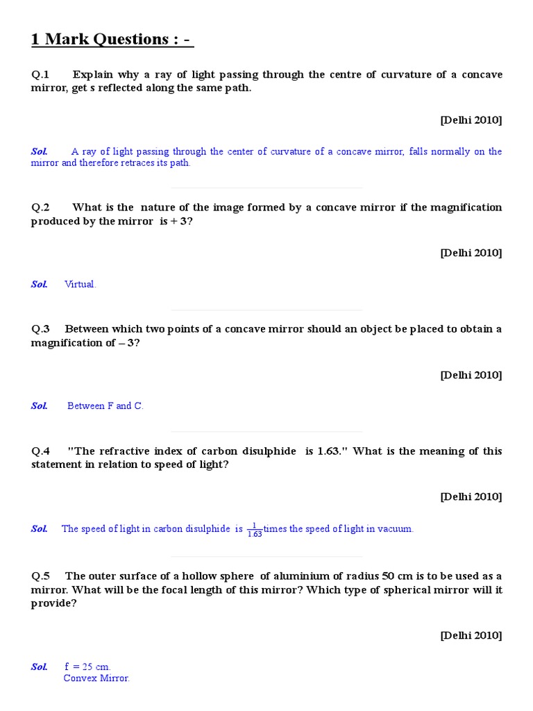 Class 10 - Class X Physics - Light - Reflection and Refraction Previous ...