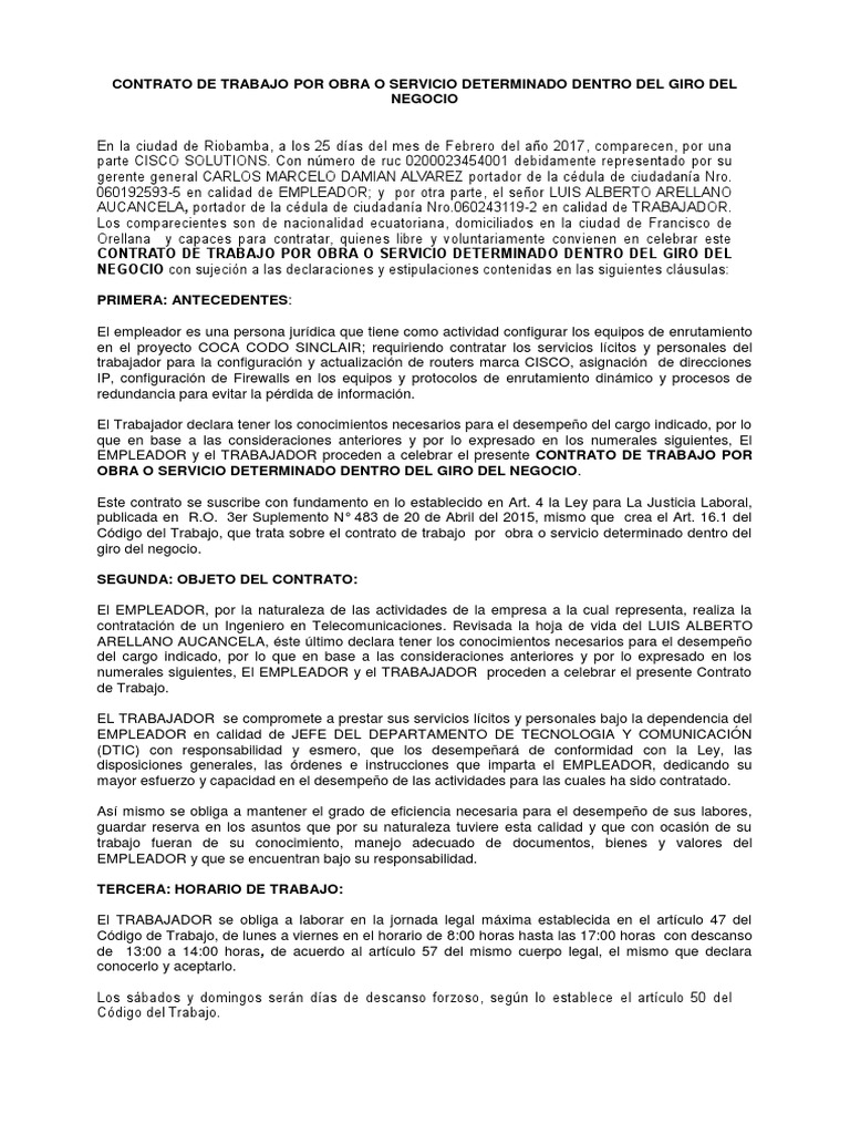 Contrato De Trabajo Por Obra O Servicio Determinado Dentro Del Giro Del
