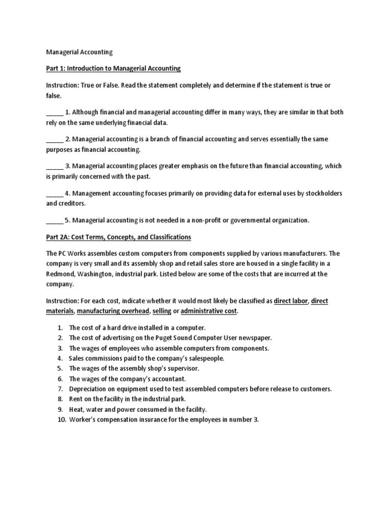 Part 1: Introduction To Managerial Accounting | PDF | Cost | Management ...