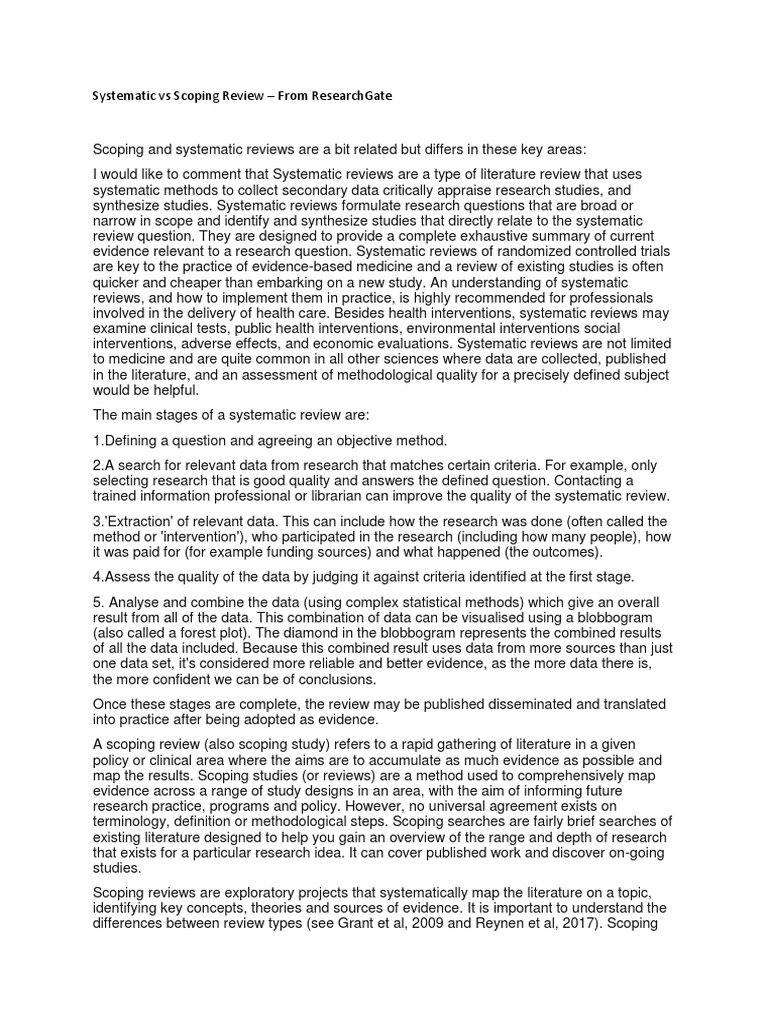 Differences Between Scoping and Systematic Reviews | PDF | Systematic ...