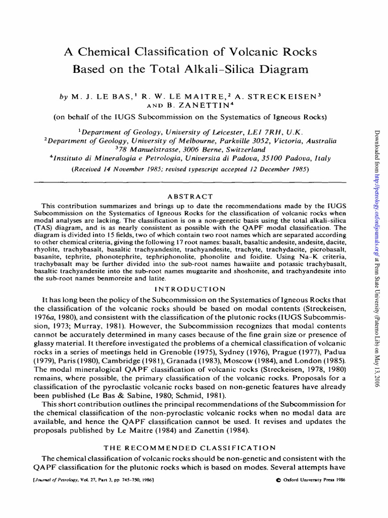 A Chemical Classification of Volcanic Rocks Based On The Total Alkali ...