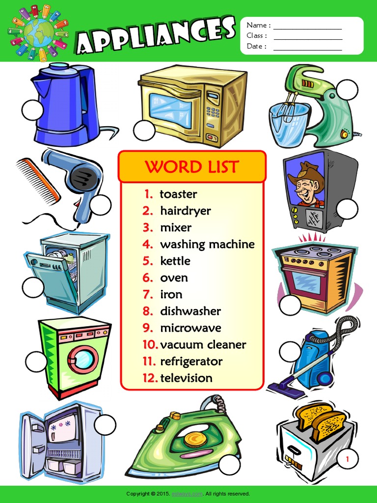 Appliances Esl Vocabulary Number the Pictures Worksheet for Kids