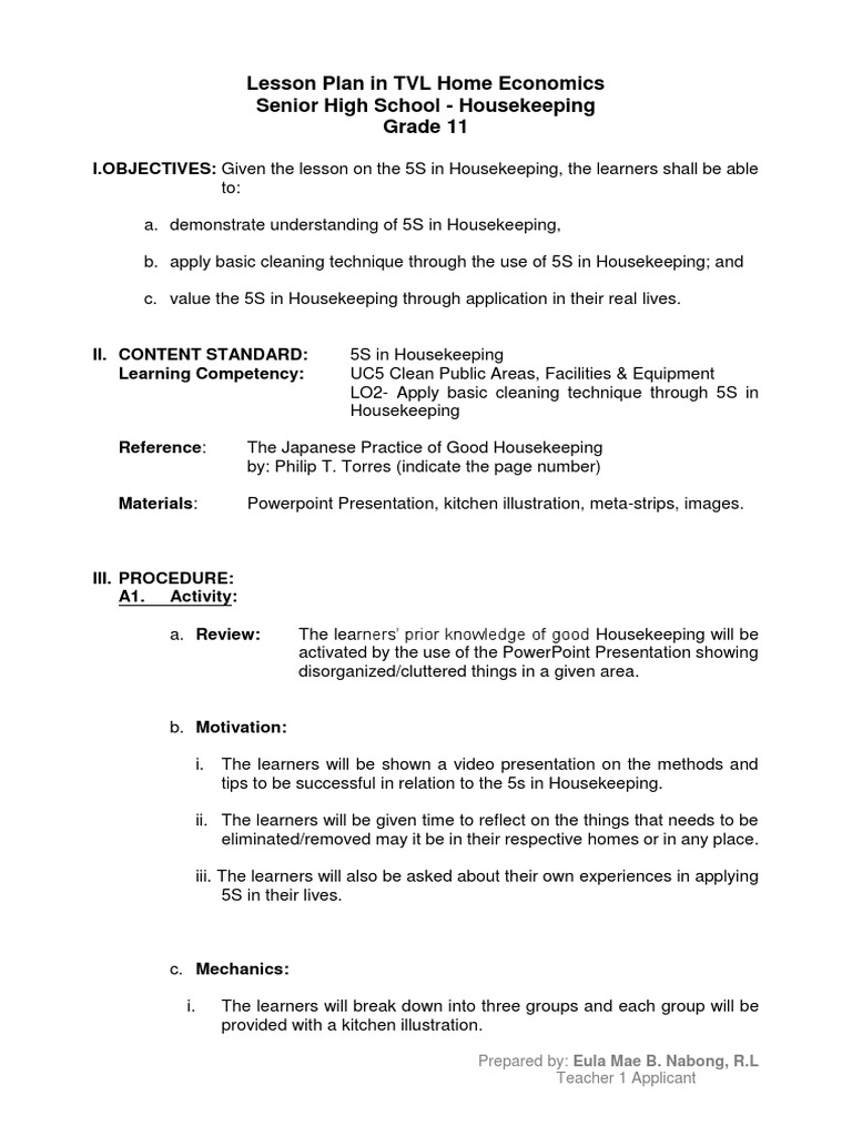 5S Housekeeping Lesson Plan for SHS | PDF | Housekeeping | Lesson Plan