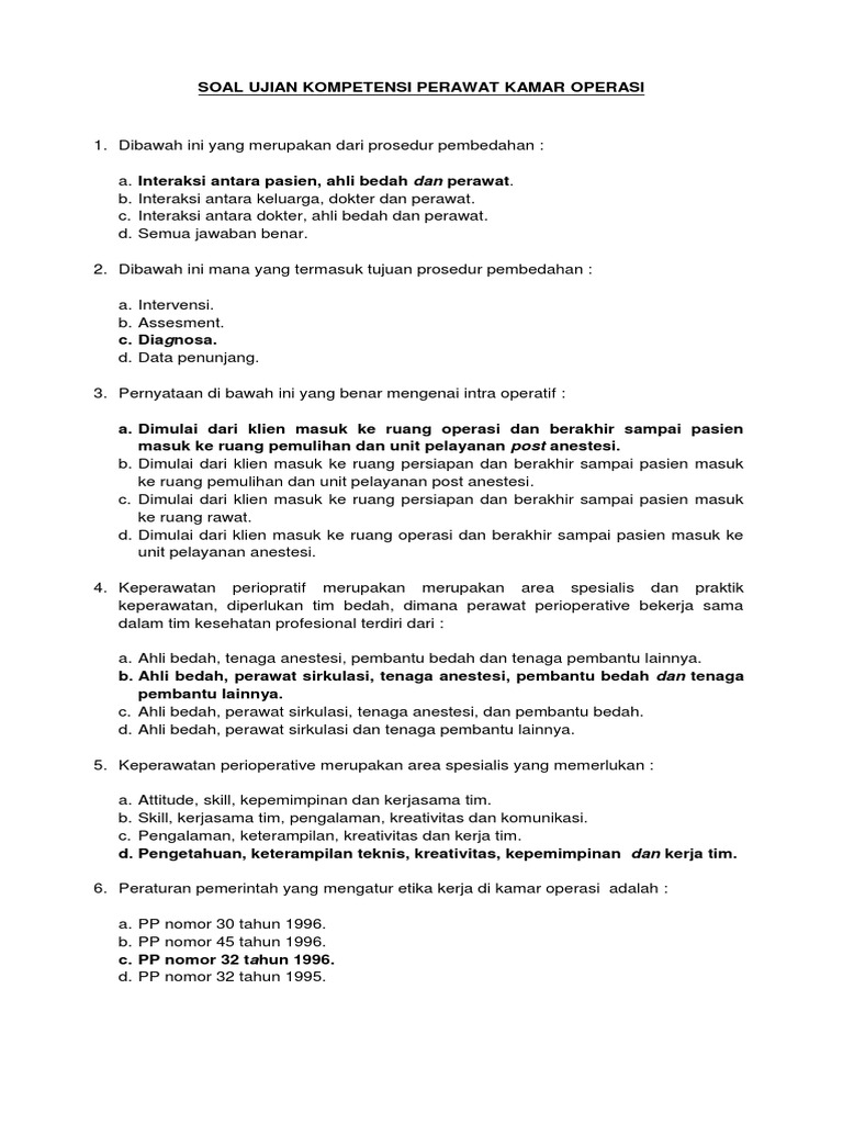 Soal Ujian Kompetensi Perawat Kamar Operasi