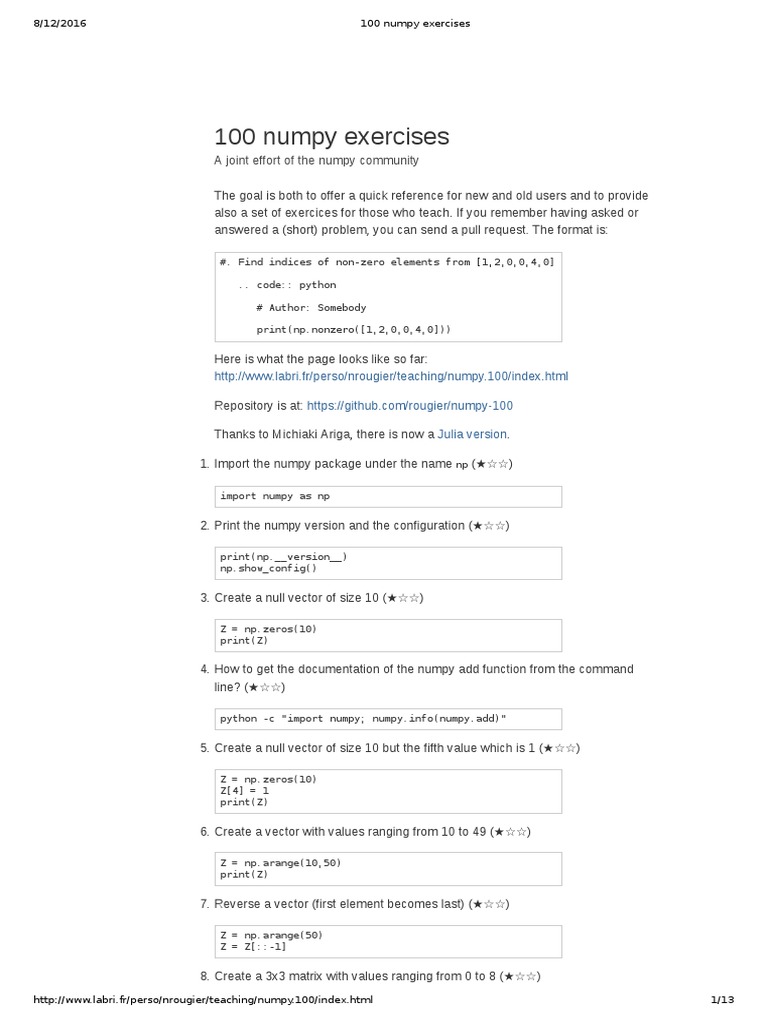 100 Numpy Exercises | PDF | Integer | Array Data Structure