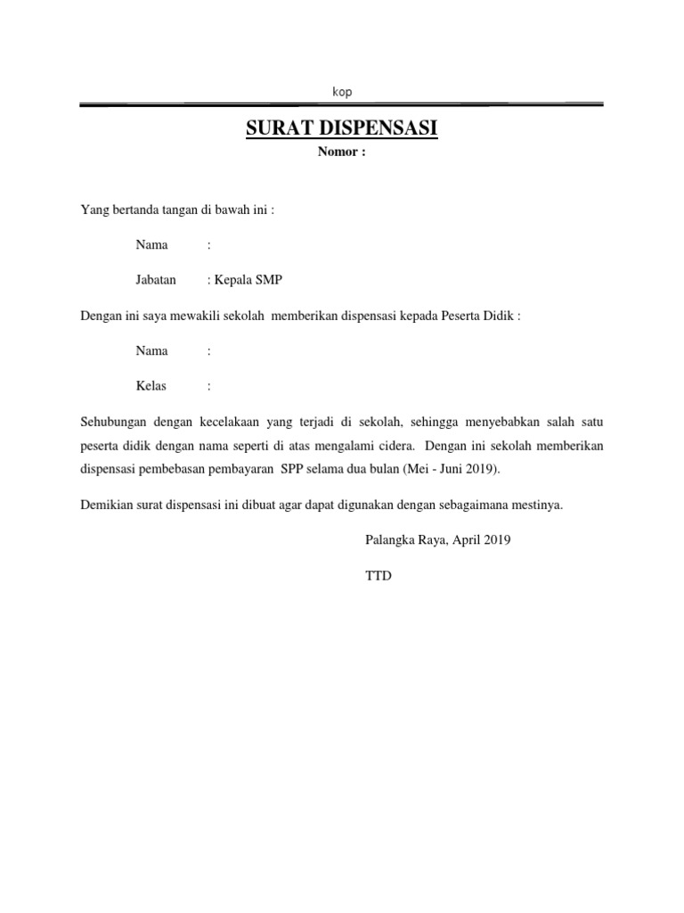 Contoh Surat Sekolah Memberikan Dispensasi Ke Siswadocx