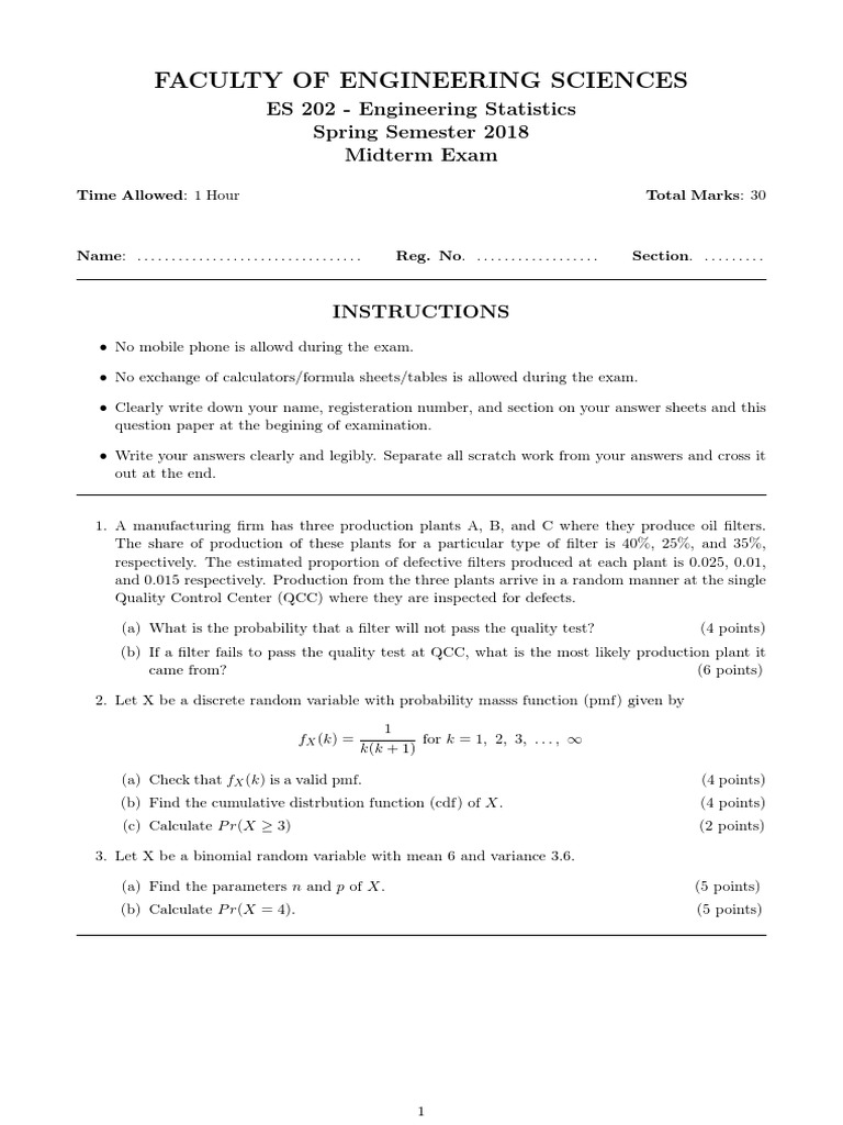 Engineering Statistics Midterm Exam | PDF | Test (Assessment ...