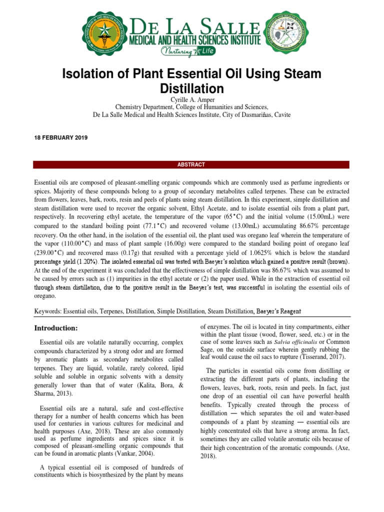 Isolation of Plant Essential Oil Using Steam Distillation Lab Report PDF Distillation