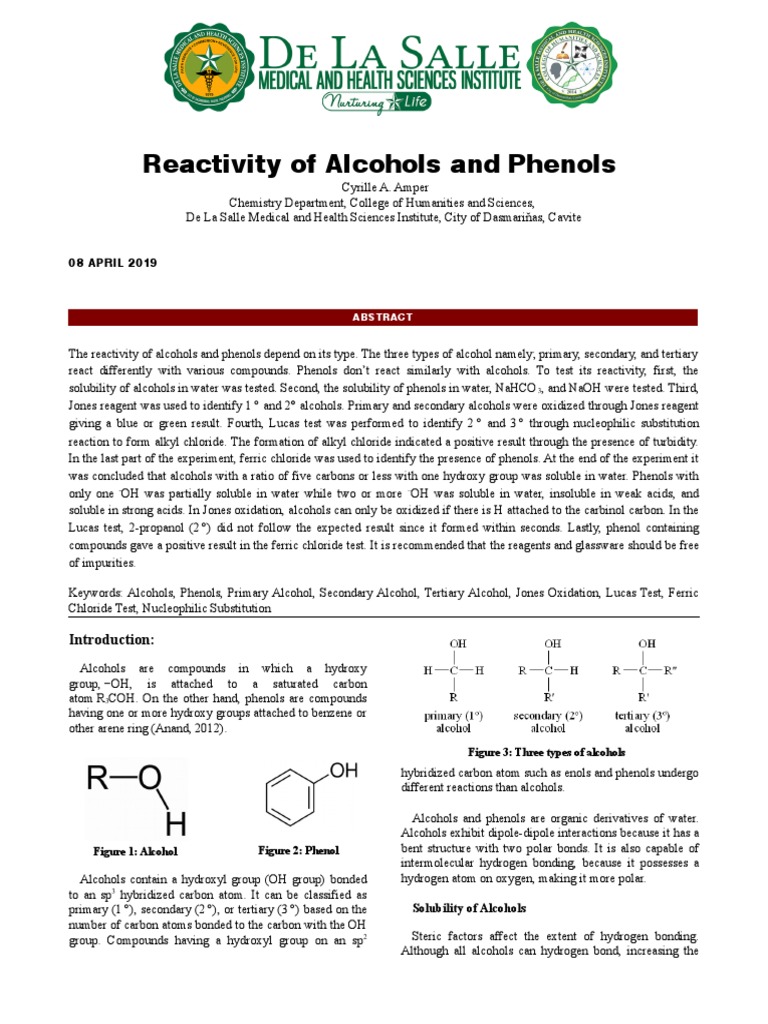 Reactivity of Alcohols and Phenols Lab Report Alcohol Solubility