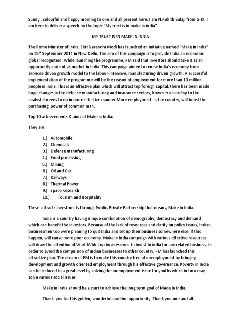 Make In India Speech Economic Growth Economy Of India