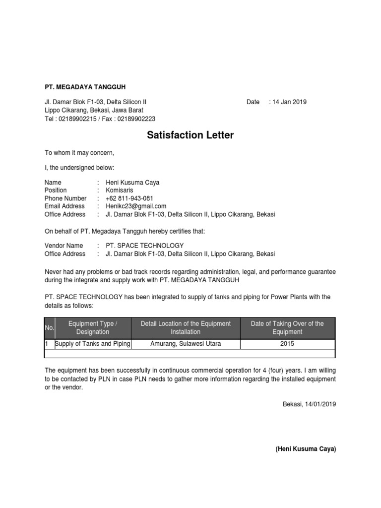 Satisfaction Letter | PDF
